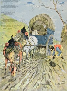 カートは泥で立ち往生、寓話、ジャンドラフォンテーヌ（1621-95）、1888年（カラー彫刻） 作： Hermann Vogel
