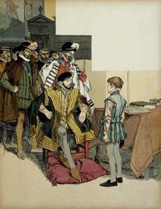 紳士たちに囲まれたフランス王アンリ2世（1519-1559）は、子供の頃のアンリ4世（1553-1610）の再婚相手を質問するのが好きなようです。ヘルマン・フォーゲル（1856-1918）による "アンリ4世 "のイラスト 作： Hermann Vogel