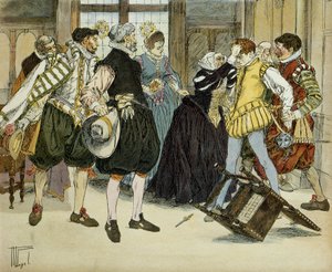 1594年12月27日、ジャン・シャテル（1575-1594）がヘンリー4世（1553-1610）を暗殺するために、王室謁見中のガブリエル・デストリー（1570年から1573-1599年の間に生まれた）のホテルに侵入した際の攻撃。イラスト 作： Hermann Vogel
