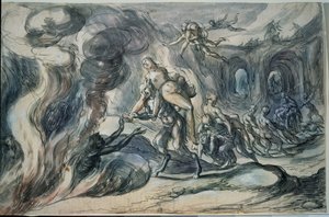 冥界のエウリュディケ（地獄のエウリュディケー）。 Hermann Weyer (1596-1621 年頃) による絵画。 紙に水彩、インク、20.9 x 32.2 cm 作： Hermann Weyer