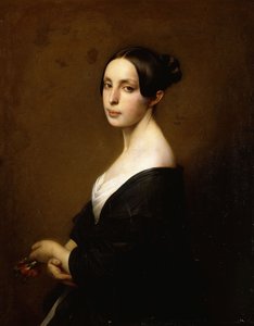 黒のドレスを身に着け、カーネーションを抱いたハーフレングスの女性の肖像画、