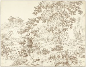 足湯をする女性のいるアルカディアの風景 作： Hermanus Fock