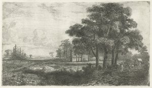 幌馬車のある木々が生い茂る風景 作： Hermanus Jan Hendrik van Rijkelijkhuysen