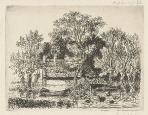 はしけとアヒルのいる川の景色 作： Hermanus Jan Hendrik van Rijkelijkhuysen