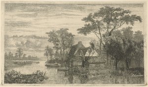 釣り人と川の景色 作： Hermanus Jan Hendrik van Rijkelijkhuysen
