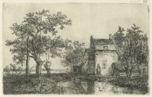 水辺の農家の家の前でバスケットを持つ女性 作： Hermanus Jan Hendrik van Rijkelijkhuysen