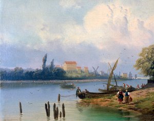 「オランダのボートのそばの人々」、c1835-1882 作： Hermanus Koekkoek