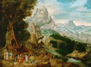 Paysage avec Saint Jean Baptiste prechant（洗礼者聖ヨハネのいる風景）』Herri met de Bles（Henri Bles）（1510-1550）作。木に油彩、約1535-1540年。サイズ：29x39 cmヴィエンヌの美術史博物館 作： Herri met de (c.1510 p.1550) Bles