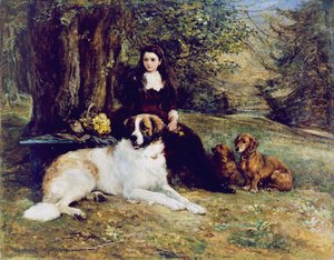 犬を持つ少女、1884 作： Heywood Hardy