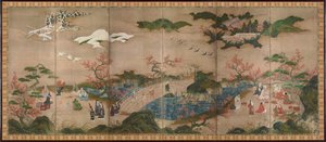 Les spectators des erables (Mapple Viewers) - 6 パネル スクリーン - 狩野秀頼 (1565-1576 年に活動) の作品、紙に水彩、インク - 日本美術 作： Hideyori Kano