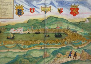 Georg Brau（1541-1622）およびFranz Hogenberg（1535-90）c.1571-1600による「World」からのベルゲンの地図