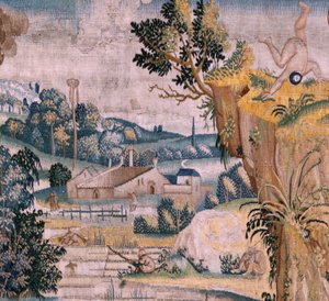 フランダースのタペストリー。 ヒエロニムス・ボスにちなんだシリーズ4のタペストリー。 祈りの聖アントニウス (San Antonio en oración)。 シリーズ第2弾のタペストリー。 ヒエロニムス・ボスの作品にインスパイアされたモデル。 マニュファクチュール アンノウン ワークショップ、ブリュッセル。 1560年以前。Fabric Go