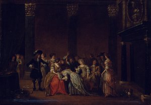 結婚紛争のあるインテリアのエレガントな会社（キャンバスに油彩） 作： Hieronymus (follower of) Janssens