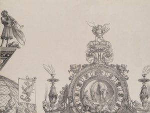 右のポータルの頂点、および中央ポータルのトランペッターと標準、フランス、1515 年。 作： Hieronymus Andreae
