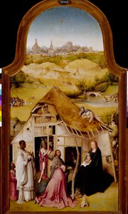 マギの崇拝 「エピファニーの三連画」の中央パネル。ヒエロニムス・ファン・アーケン（アーケン）・ディット・ジェローム・ボッシュ（1450-1516）による絵画。1510-1511.ディム。138x72 cm マドリッドプラド美術館 作： Hieronymus Bosch