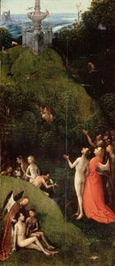 地上の楽園。より。ボッシュ、ヒエロニムス（1450年頃～1516年）の「来世の4つのビジョン」。木に油彩、サイズ：88.5x39.8、1490年頃～1510年、ヴェネツィア、パラッツォ・グリマーニ
