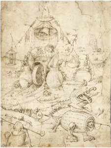 地獄の風景」（ボッシュ、ヒエロニムス（1450年頃～1516年））。紙にペン、茶色の墨、1500年頃、個人蔵 作： Hieronymus Bosch