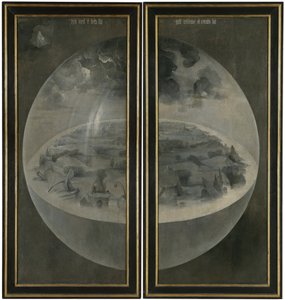 地球の宇宙圏を表す世界の創造（Bubble）。三枚続きの「この世の喜びの庭」のパネルの裏。ジェローム・ボッシュとして知られるヒエロニムス・ファン・エーケン（アーケン）の絵画（1450-1516年