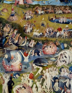 地上の喜びを享受する男女たち。ヒエロニムス・ヴァン・エーケン（アーケン）・ディット・ジェローム・ボッシュ（1450-1516）の「地上の喜びの園」のトリプティックの中央部分のディテール。 作： Hieronymus Bosch