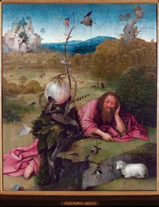 砂漠の洗礼者聖ヨハネ - ジェロニマス・ヴァン・アーケンによる絵画、このジェローム（ヒエロニムス）・ボッシュ（約1450 -1516）、木に油彩、48,5x40 cm、1489年頃 - マドリッド、ラザロ・ガルディアーノ美術館 作： Hieronymus Bosch