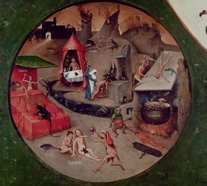 七つの大罪と四つの最後のものの卓上、地獄の詳細、1480年頃（パネルに油絵 作： Hieronymus Bosch