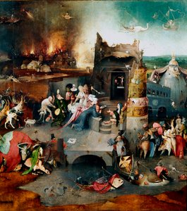 誘惑のトリプティック"聖アントニーの誘惑」 中央パネルには、砂漠で悪魔の誘惑に苦しむ仙人、大聖アントニー（251-356）（または仙人聖アントニー、アッベ聖アントニー）の姿が描かれています。画家 作： Hieronymus Bosch