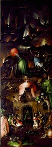 最後の審判のトリプティック（Das Weltgerichts-Triptychon）：右パネルは地獄を表しています。ヒエロニムス・ヴァン・エーケン（アーヘン）の木に描かれたこのジェローム・ボッシュ（1450-1516）の1504年の日頃の作品。167.5x60 cm ウィーン、ゲマルデギャラリー・デア・アカデミー・デル・ビルトエンデン・クンスト 作： Hieronymus Bosch