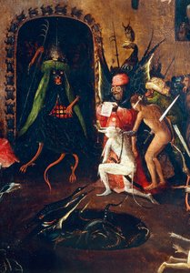 最後の審判のトリプティック号、右パネル。半分人間、半分動物の怪物がいる地獄。詳細（木に描いたもの、1504年頃 作： Hieronymus Bosch