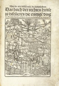 風景の中の人物とハーブ蒸留所を説明するタイトルページ 作： Hieronymus Brunschwig