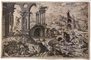悔悛する聖ヒエロニムスを描いた廃墟の風景 作： Hieronymus Cock