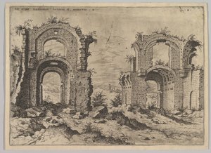 ローマ時代の遺跡のセットからの1550年のディオクレティアヌス浴場の2番目のビュー。 作： Hieronymus Cock