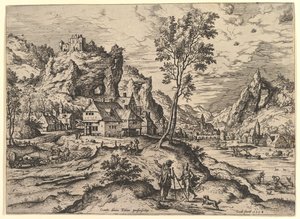 聖書と神話のシーンのある風景からのトビト、1558。 作： Hieronymus Cock