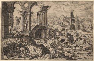 廃墟のある風景の中の聖ヒエロニムス 作： Hieronymus Cock after Maerten van Heemskerck