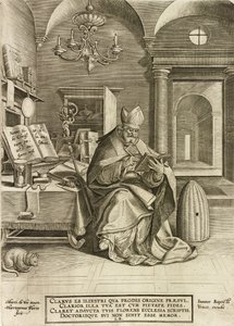 聖アンブローズ、シリーズ「教会の4つの父」、パブ。 1586年 作： Hieronymus or Jerome Wierix