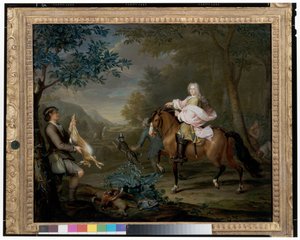 広大な風景の中で猟師と馬に乗った紳士 作： Hieronymus van der Mij