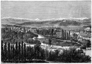1879年、ポー、フランスの城のテラスから見たピレネー山脈 作： Hildibrand