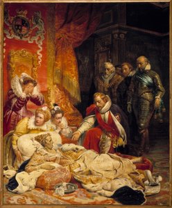 1603年にイギリスの女王エリザベス1世が亡くなったエリザベス女王は、廷臣に囲まれて、1603年3月24日にうつ病と病気で亡くなりました。ポール・ドラローシュの絵画 作： Hippolyte Delaroche