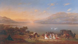 皇后ジョゼフィーヌ (1763-1814) がガルダ湖のほとりにあるイタリアのナポレオン (1769-1821) を訪問するために到着 作： Hippolyte Lecomte