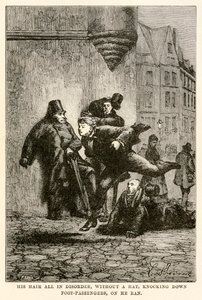ジュール・ヴェルヌ（1828-1905）の『80日間世界一周』から、ルイが彫った「髪の毛は乱れ、帽子もかぶらず、徒歩の乗客をなぎ倒しながら走った」。