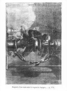 手荷物車の間に片手でぶら下がる、ジュールヴェルヌ（1828〜1905）による「80日間の世界一周」のイラスト、P。ルイ作、1873年