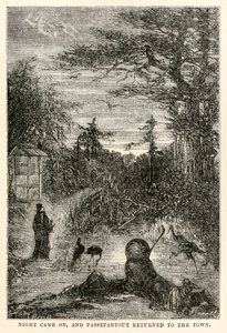 夜が近づき、パスパルトゥーは80年代の世界一周からジュールヴェルヌ（1828〜1905）によって町に戻った。 作： Hippolyte Leon after Benett