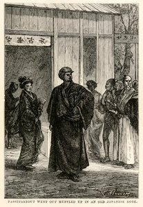 パスパルトゥーは、ルイス・プレヴォストによって刻まれたジュール・ヴェルヌ（1828-1905）によって、「世界一周80日間」から1873年に、古い日本のローブをくぐりぬけて出かけた。 作： Hippolyte Leon after Benett
