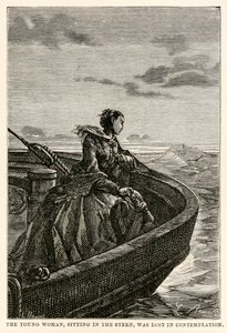 船尾に座っていた若い女性は熟考の中で失われました、ジュールヴェルヌ（1828-1905）著 『Around the World in Eighty Days』、ジャンルイプレヴォスト（1790-1850）、1873年 作： Hippolyte Leon after Benett