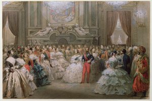 ビクトリア女王（1819-1901）とアルベール王子（1819-61）がナポレオン3世とユージニーによって与えられたガラディナーで、1853年（紙にトイレ）