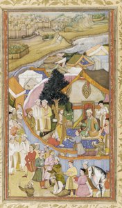 ダウドはアクバルナマから1600年頃にムニムカーンの挿絵から名誉のローブを受け取る 作： Hiranand