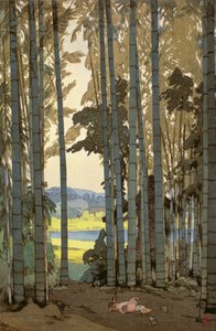 竹林の鶏 (カラー木版画) 作： Hiroshi Yoshida