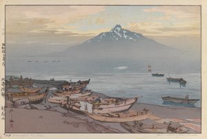 平和な利尻（紙に木版画） 作： Hiroshi Yoshida
