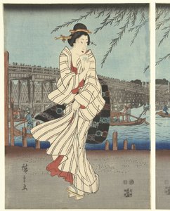 東都名所 両国橋で夕涼み 作： Hiroshige (I) , Utagawa