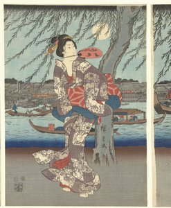 東都名所 両国橋で夕涼み 作： Hiroshige (I) , Utagawa