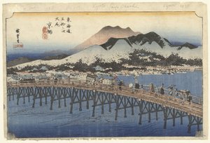 Kyoto, de grote brug bij Sanjo Kyoto, Sanjo Ohashi (title on object) De 53 stations van de Tokaido (series title) Tokaido gojusan tsugi no uchi (series title on object) 作： Hiroshige (I) , Utagawa